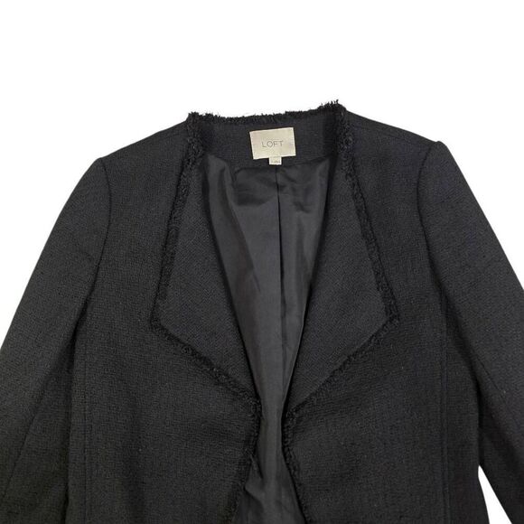 Ann Taylor LOFT Tweed Soft Fringe Detail Trim Black Draped Blazer Women's 6 - Picture 3 of 6